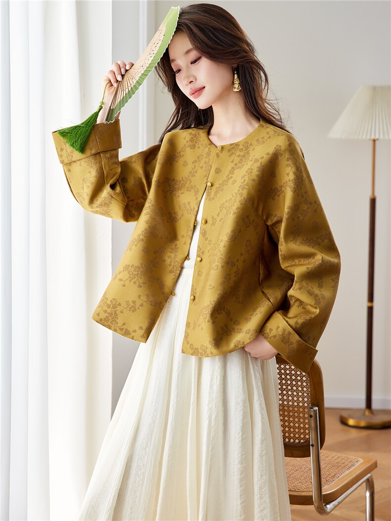 在仓~2026年春季圆领插肩袖单排扣真口袋提花带里布拼色外套,女装短外套,新依时派