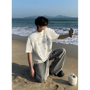 垫肩铆钉t恤男夏季设计感小众cleanfit上衣复古重磅短袖 T5576图片