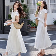 BAO款法式褶皱木耳花边飞飞袖麻料衬衣小个子小衫半身裙两件套，女装套装/套裙，潮流依族