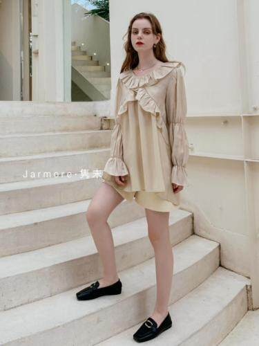 2021秋季荷叶边韩版百搭衬衣黑。白杏3色S-L，其它，Jarmore隽末