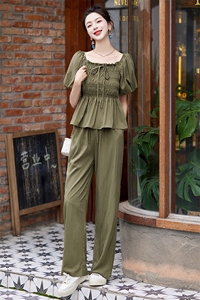 欧货休闲阔腿裤套装女2025夏新款时尚小个子娃娃衫显瘦遮肉两件套图片