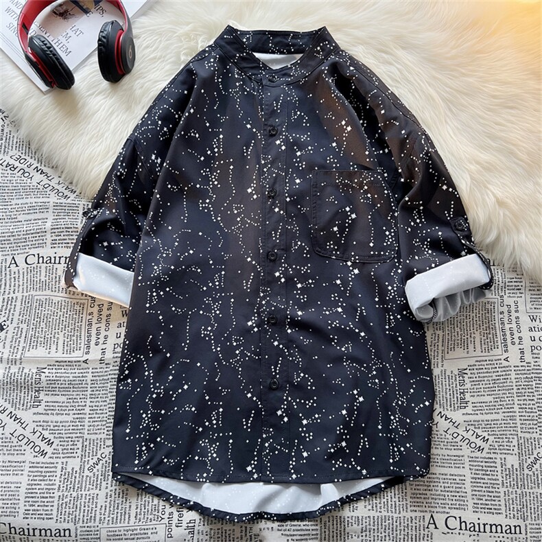 C9038/P35毛毯港风平铺冰丝垂感立领星空衬衣男满天星衬衫七分袖,男装衬衫,电商A141