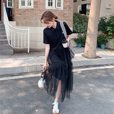 黑色polo领网纱拼接连衣裙女2025夏季新款高级感宽松显瘦T恤裙潮，女装连衣裙，2C205