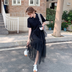 黑色polo领网纱拼接连衣裙女2025夏季新款高级感宽松显瘦T恤裙潮图片