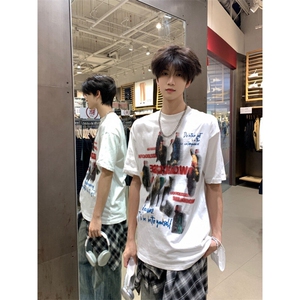 晕染人像印花短袖t恤男款夏季重磅cleanfit正肩圆领情侣半袖上衣图片