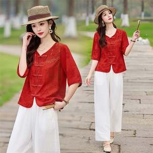 新中式盘扣刺绣套装女2026夏季新款复古气质宽松阔腿裤两件套，女装套装/套裙，魅影