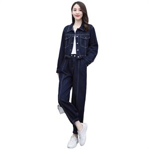 【现货】2024秋季新款女装复古牛仔短外套高腰显瘦阔腿裤套装图片