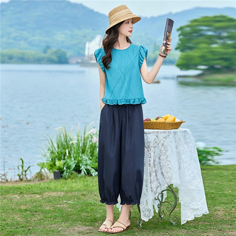 2026年夏季花苞袖设计款衬衫裤子两件套套装女,女装套装/套裙,依路服饰