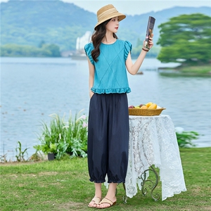2026年夏季花苞袖设计款衬衫裤子两件套套装女图片