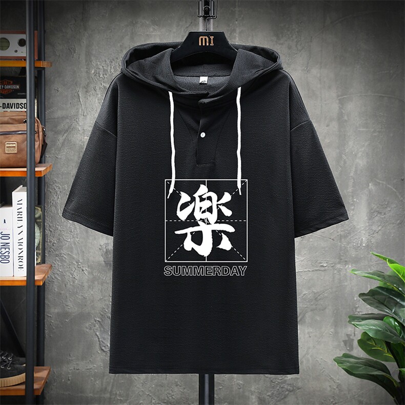 LD54197-P45连帽短袖t恤男大码胖子带帽五分袖中袖展架,男装T恤,电商A040A