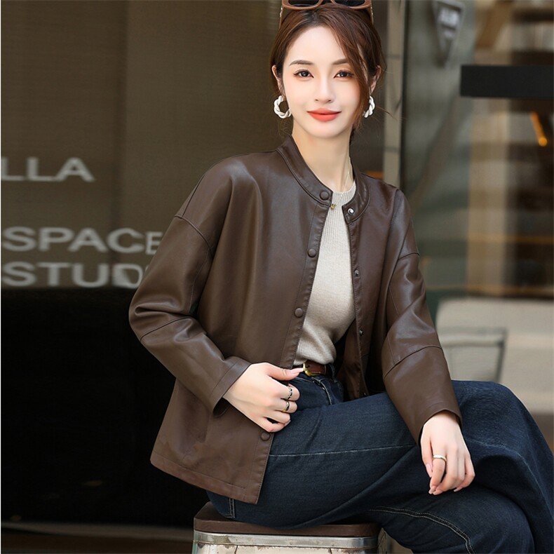皮衣外套女春秋季2024新款高级设计感圆领百搭休闲复古提花皮夹克,女装皮衣,欧兰熙