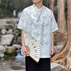 现货新中式男士大码短袖衬衫盘扣印花上衣CS35-P65控89，男装T恤，电商A021