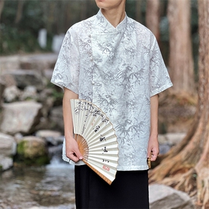 现货 新中式男士大码短袖衬衫盘扣印花上衣CS35-P65控89图片