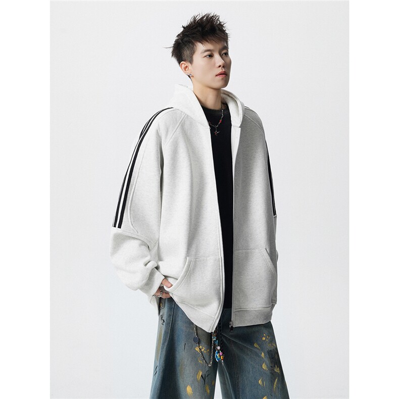 8XL-M秋冬美式运动三条杠条纹开衫卫衣连帽特大码宽松JK5206/P65,男装卫衣,电商B238