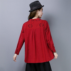 衬衫2021年花色圆领排多扣长袖纽扣口袋拼接麻，女装衬衫，叶笙衣