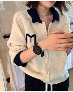 秋冬新款翻领开衫女拉链宽松M字母polo领针织衫韩版毛衣外套图片