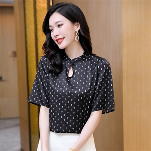 衬衫女2025新款夏季小个子气质t恤桑蚕丝真丝碎花短袖上衣图片