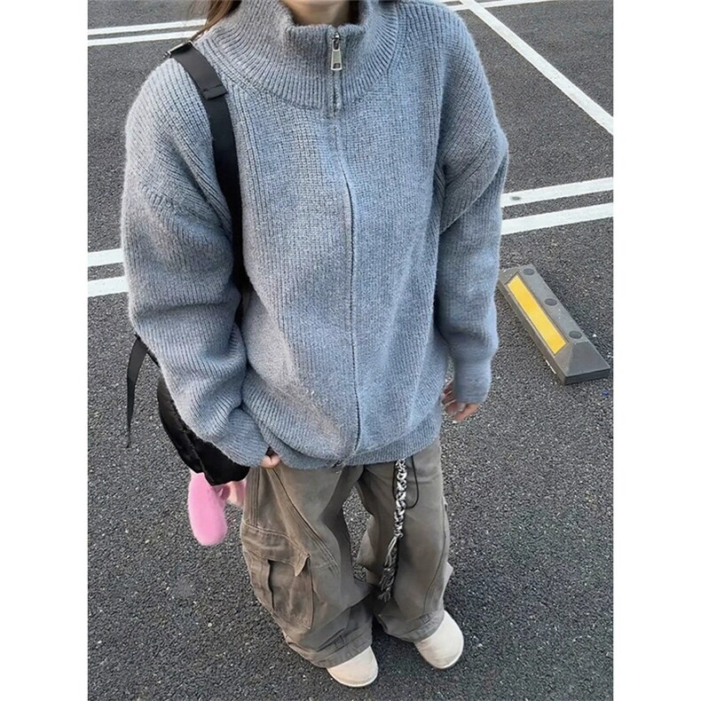 立领拉链毛衣外套开衫男秋季设计感纯色修身美式复古针织衫潮牌,男装针织衫/毛衣,星座506A