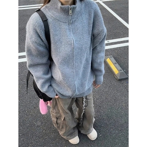 立领拉链毛衣外套开衫男秋季设计感纯色修身美式复古针织衫潮牌图片