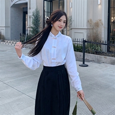 优雅新中式立领提花衬衫修身显瘦长袖上衣搭配高腰马面裙，女装衬衫，诺蝶