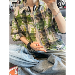 美式扎染格子衬衫短袖男女同款夏季衬衣半袖外套DC2240-特价P25