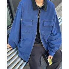 美式复古底特律翻领工装外套男女街头宽松百搭蓝色情侣夹克上衣潮，男装夹克，星座601-2