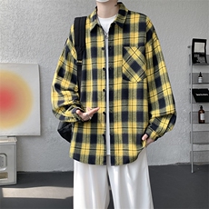 衬衫男秋季新款港风宽松大码磨毛格子长袖衬衣CS6638-特P29，男装衬衫，星座214-3