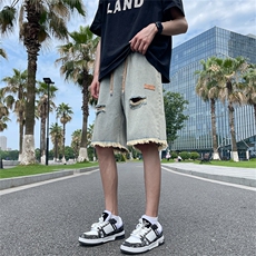 美式破洞牛仔短裤男款夏季毛边五分裤高街vibe乞丐中裤D9122-p30，男装牛仔裤，星座1008