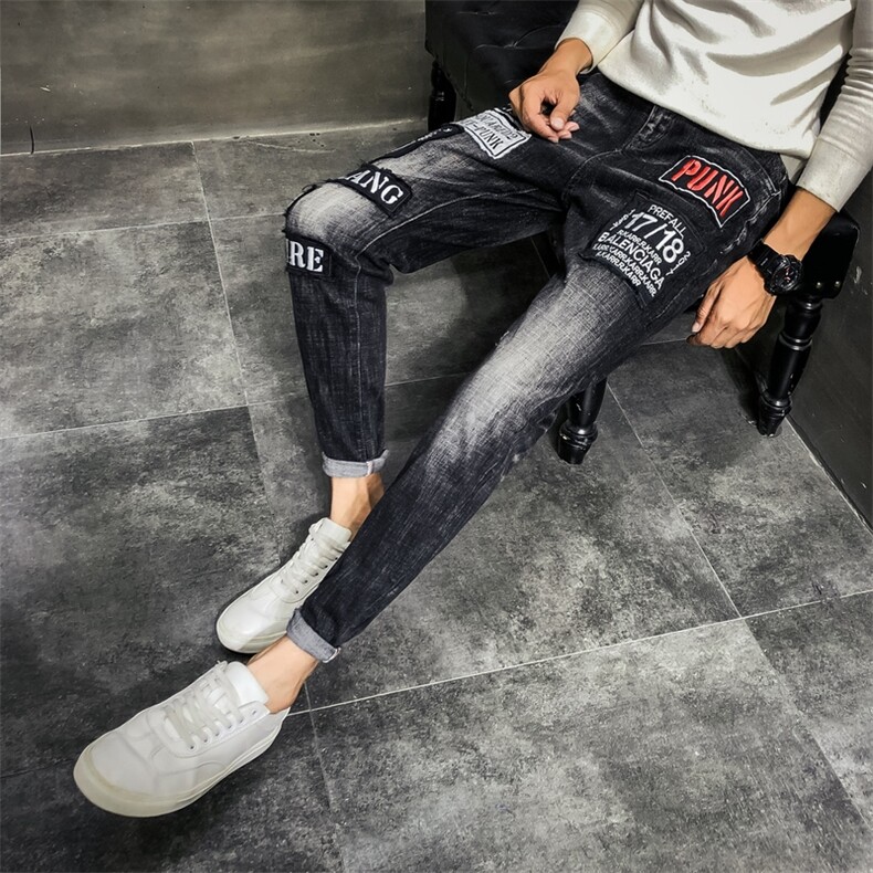 2021秋冬新款贴布刺绣弹力牛仔裤男微跨小脚裤QT6027-89108-105,男装牛仔裤,电商D218