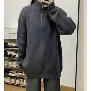 抖音得物保暖立领拉链针织外套秋冬宽松慵懒风纯色毛衣上衣AM01
