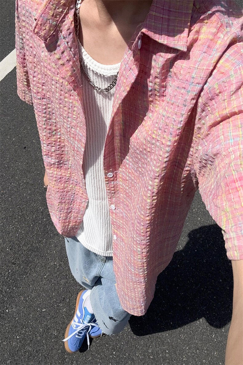B221美式ins高街宽松薄款泡泡格短袖衬衫SY2548-特P35控59,男装T恤,电商B221