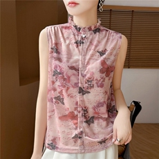 2025年秋季常规套头圆领休闲/淑女印花木耳边无袖，女装针织衫/毛衣，朝贺羊绒