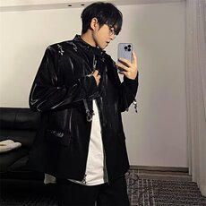 痞帅高级感黑色立领垫肩夹克上衣飞机扣设计感外套机车服，男装夹克，星座716-3