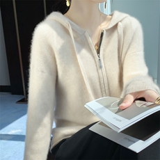 2025年秋季拉链帽领长袖开衫抽绳针织衫时尚百搭，女装针织衫/毛衣，艾驰羊绒