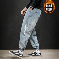 2021冬季日系马切达大码男印花拼接束脚加绒加厚牛仔裤N80161-P60，男装牛仔裤，电商A001