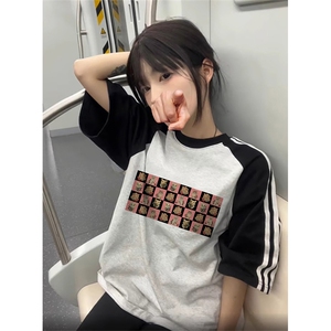 夏季美式高街重磅纯棉三条杠织带插肩撞色男女短袖T恤CZ115-特P25图片