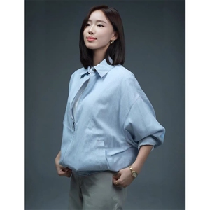 网图原版现货水洗牛仔欧若风松弛极简蓝白条纹翻领外套JK401-P75图片