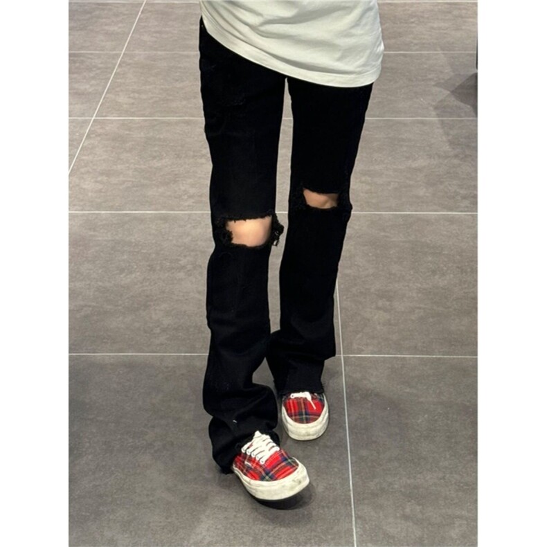 黑色破洞牛仔裤男夏季薄款vibe风裤子修身直筒窄版微喇裤N8051，男装牛仔裤，星座1116A（原606A-3）