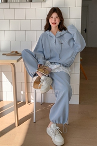 现货--蕾丝边拼接蓝色卫衣运动套装女春秋2025新款两件套图片