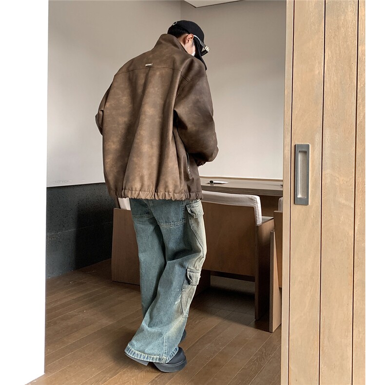 港风美式复古做旧面料双拉链大口袋PU皮衣夹克男JK77777P95控128，男装皮衣，星座226-2