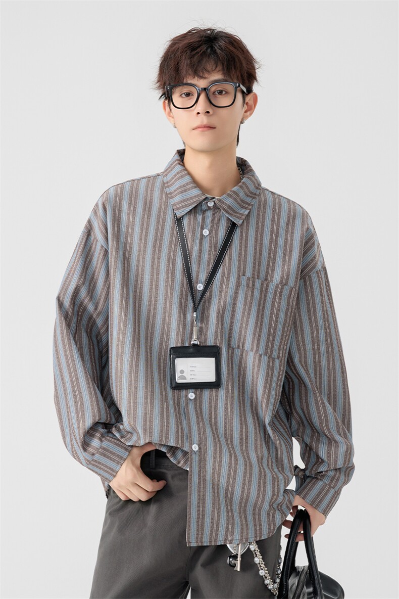GENIOLAMODE韩系高级感条纹长袖衬衫男女秋季cityboy叠穿衬衣外套,男装衬衫,电商A001-1