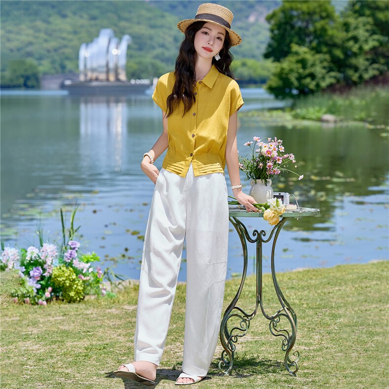 设计感天丝亚麻套装女2026夏季新款翻领收腰气质上衣透气直筒裤,女装套装/套裙,梦懿尔