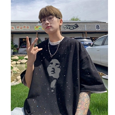 可48小时发货支持抖音得物来样二开美式满天星亮片短袖T恤MTX671，男装T恤，电商A486