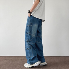 多口袋工装牛仔裤男2024冬季美式宽松阔腿裤潮裤子N738-P60，男装牛仔裤，星座308B-2