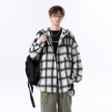 磨毛加厚连帽外套秋季美式慵懒风格子长袖衬衫C2257-特价P45，男装衬衫，电商A007