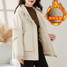 卡其色工装派克服棉服女2025冬季新款小个子宽松连帽加绒加厚外套，女装棉衣/棉服，慕咨