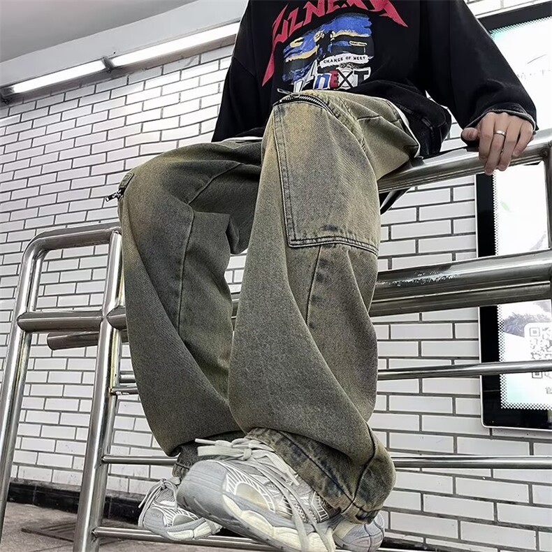 美式复古高级感拼接秋冬牛仔裤男宽松高街阔腿垂感直筒裤长裤,男装牛仔裤,星座716-2