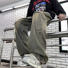 美式复古高级感拼接秋冬牛仔裤男宽松高街阔腿垂感直筒裤长裤，男装牛仔裤，星座716-2