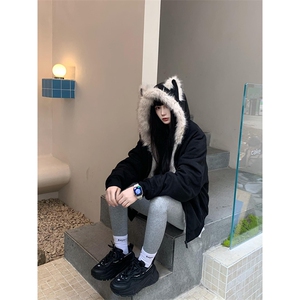 现货重磅硬挺boxy羽绒棉衣座山雕猫耳大毛毛领麂皮棉服冬外套图片
