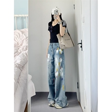 【有货】美式复古涂鸦扎染牛仔裤男女同款宽松裤子NZ803WW-特P55，男装牛仔裤，星座1007（原301D）